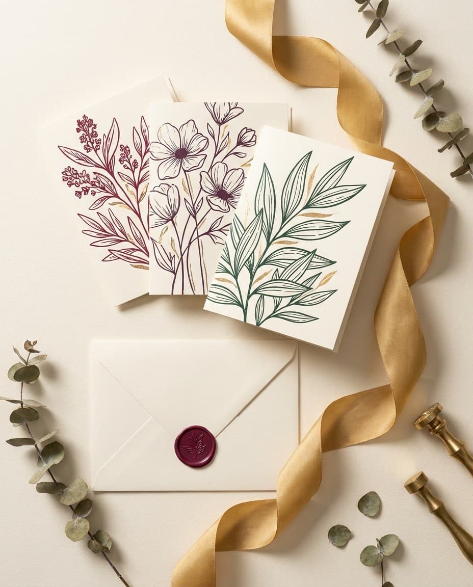 An arrangement of illustrated greeting cards in berry, plum, and emerald with a wax-sealed envelope and gold ribbon